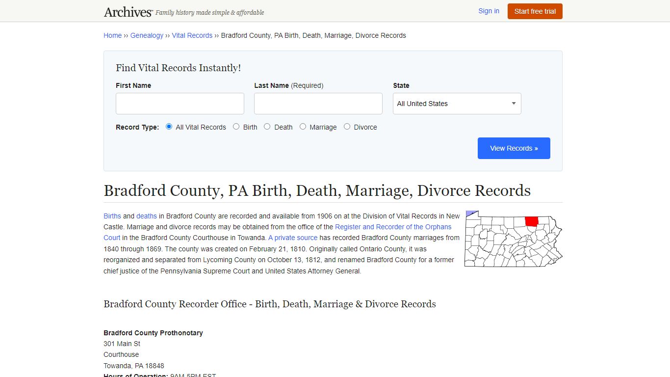 Bradford County, PA Birth, Death, Marriage, Divorce Records - Archives.com