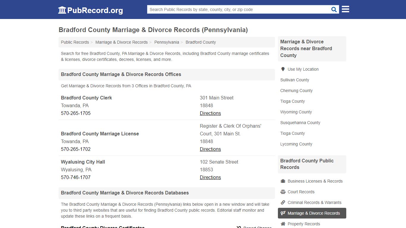 Bradford County Marriage & Divorce Records (Pennsylvania)