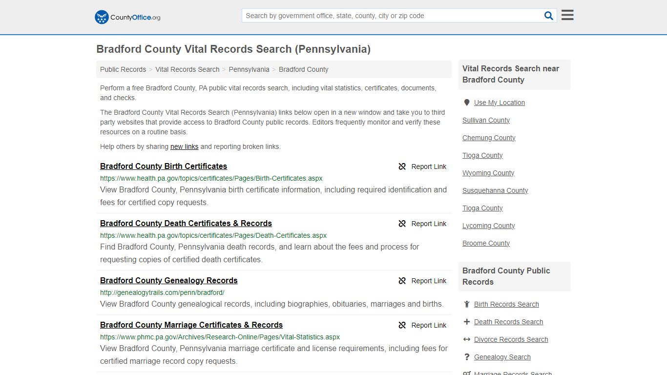 Vital Records Search - Bradford County, PA (Birth, Death, Marriage ...